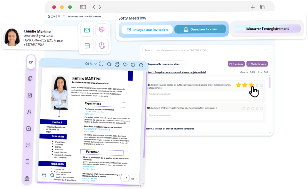 L’entretien structuré by Softy vous permet de créer une trame d’entretien en quelques secondes grâce à l’IA, de centraliser visio, transcription et compte-rendu au même endroit, et de comparer vos candidats sur des critères identiques , quel que soit le recruteur qui mène l’entretien.