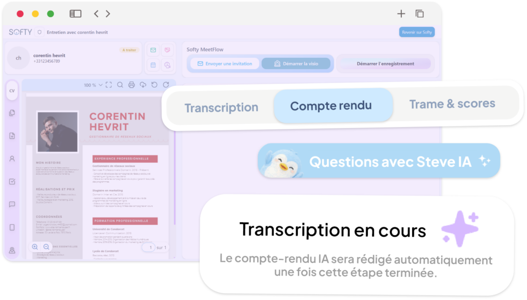 Une trame générée par l'IA Steve, une transcription et un compte-rendu automatiques, un remplissage automatique via la transcription